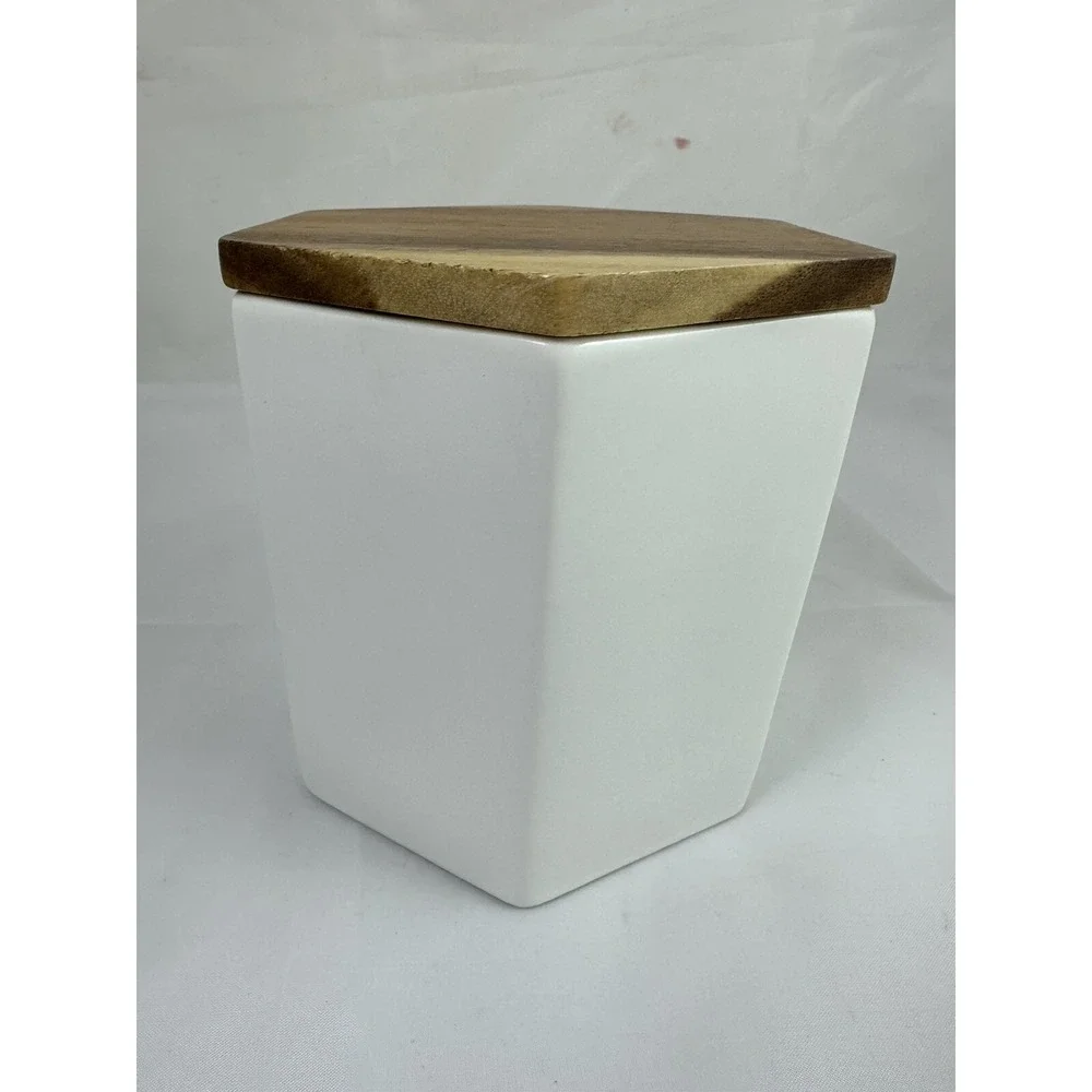 TEAVANA White Hexagon Porcelain Tea Kitchen Storage Canister 6 oz Wooden Lid
